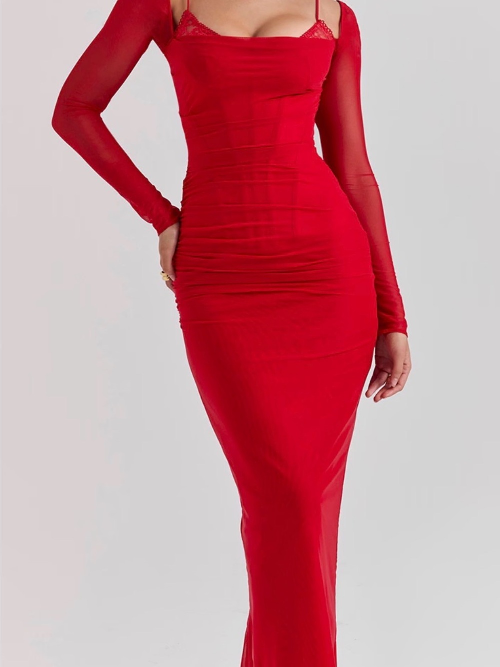 House of CB Red Long Sleeve Mesh Maxi Dress